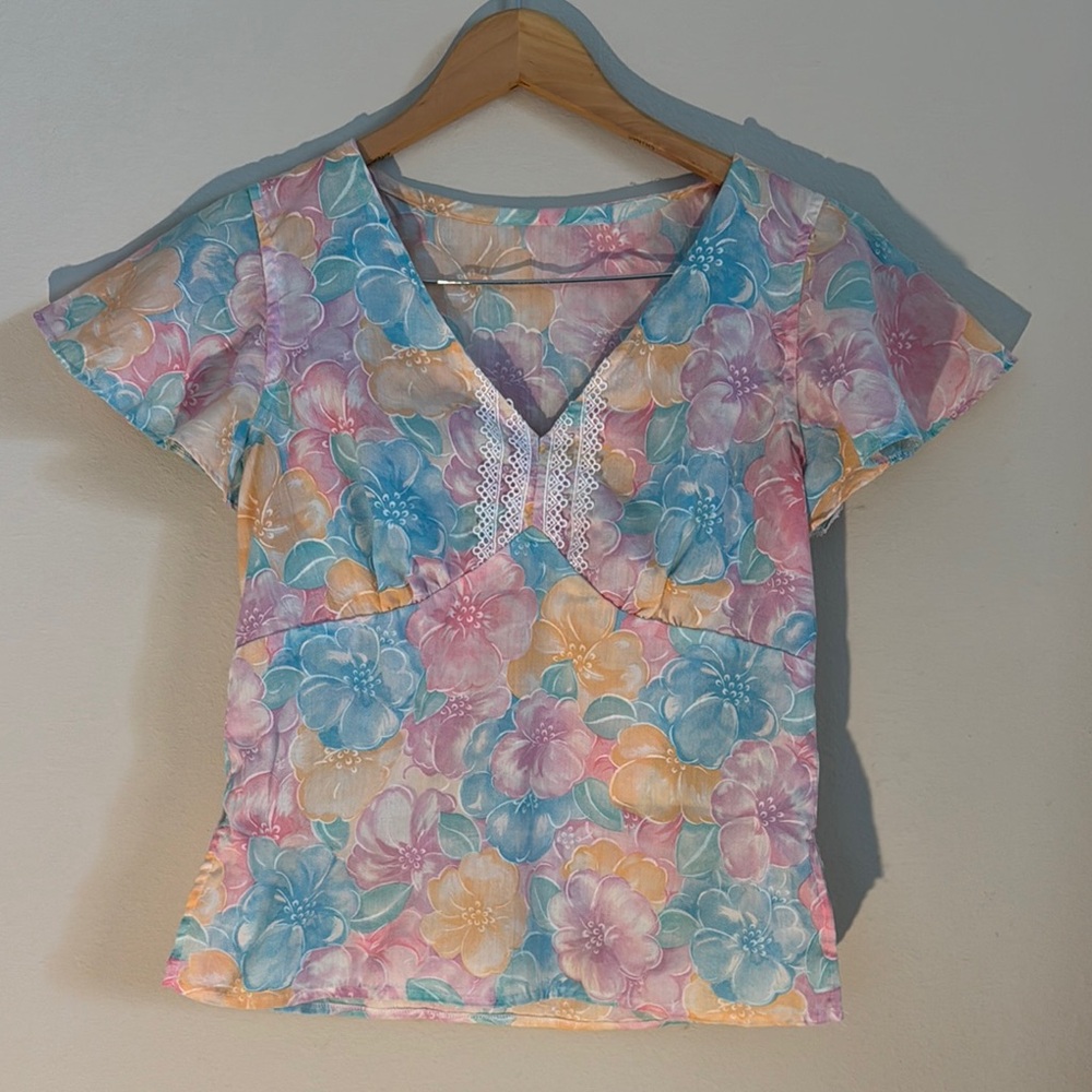 ONE OF A KIND! Handmade! Floral V-Neck Women’s Top - Multicolor